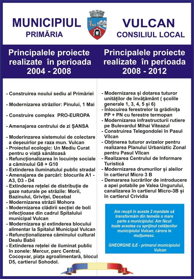 Human I need strategy Primaria Municipiului Vulcan-CONFERINTA DE PRESA – PRIMARUL GHEORGHE ILE SINTEZA ACTIVITATII 2004 - 2020 Human I need strategy Primaria Municipiului Vulcan-CONFERINTA DE PRESA – PRIMARUL GHEORGHE ILE SINTEZA ACTIVITATII 2004 - 2020